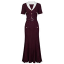 Burgundy Rib-Knit Belted Maxi Dress with Contrast Collar & Pearl Buckle