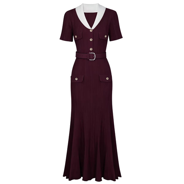 Burgundy Rib-Knit Belted Maxi Dress with Contrast Collar & Pearl Buckle