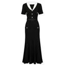 Black Rib-Knit Belted Maxi Dress with Contrast Collar