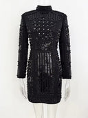 Black Beaded & Sequin Embellished Long-Sleeve Mini Dress