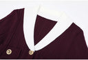 Burgundy Rib-Knit Belted Maxi Dress with Contrast Collar & Pearl Buckle