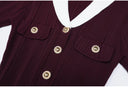 Burgundy Rib-Knit Belted Maxi Dress with Contrast Collar & Pearl Buckle