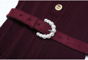 Burgundy Rib-Knit Belted Maxi Dress with Contrast Collar & Pearl Buckle