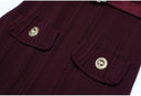 Burgundy Rib-Knit Belted Maxi Dress with Contrast Collar & Pearl Buckle
