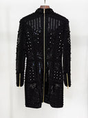Black Beaded & Sequin Embellished Long-Sleeve Mini Dress