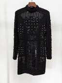 Black Beaded & Sequin Embellished Long-Sleeve Mini Dress