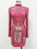 Pink Pearl & Silver Sequin Embellished Long-Sleeve Mini Dress