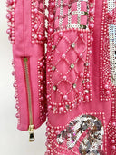 Pink Pearl & Silver Sequin Embellished Long-Sleeve Mini Dress