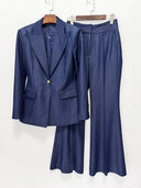 Indigo Denim-Look Blazer & Flared Trousers Set with Gold Buttons