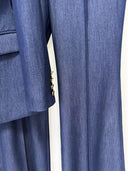 Indigo Denim-Look Blazer & Flared Trousers Set with Gold Buttons