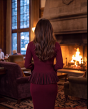 Burgundy Rib-Knit Peplum Cardigan & Pleated Maxi Skirt Set with Jewel Buttons