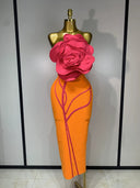 Orange & Pink 3D Rose Bandage Midi Dress