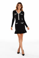 Two-Tone V-Neck Beaded Pocket Long Sleeve Slim Fit Fishtail Knit Dress