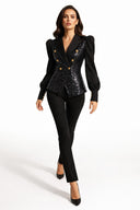 Vintage Puff Sleeve Sequin Double-Breasted Notched Blazer