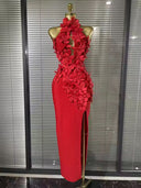 Red Floral Appliqué Midi Dress