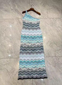 One Shoulder Chevron Knit Maxi Dress – Sky Blue