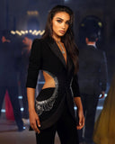 Beaded Diamond Hollow Out Single Button Jacket Pants Set
