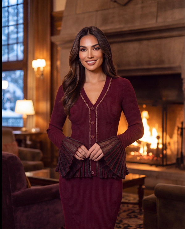 Burgundy Rib-Knit Peplum Cardigan & Pleated Maxi Skirt Set with Jewel Buttons
