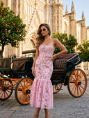 Pink Floral Lace Belted Midi Dress