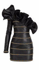 Black one-shoulder mini dress, side view