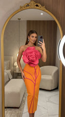 Orange & Pink 3D Rose Bandage Midi Dress