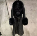 Real Fox Fur and Genuine Leather Coat in black