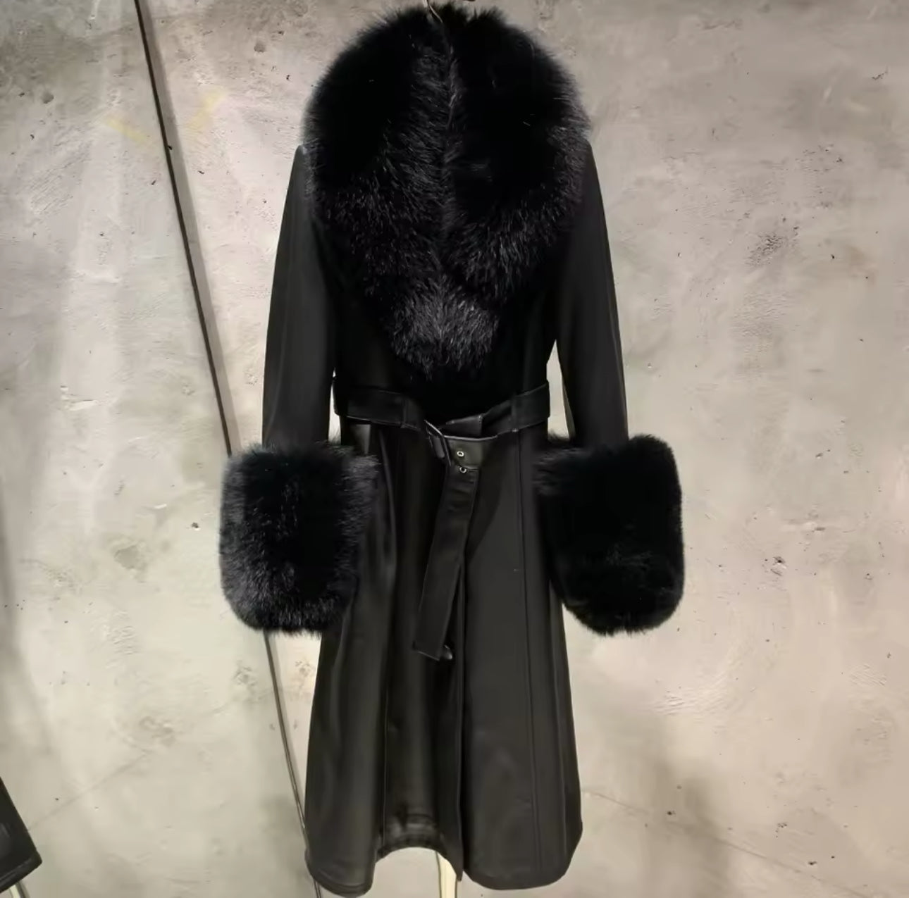 Real Fox Fur and Genuine Leather Coat in black