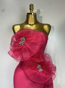 Hot Pink Bandage Midi Dress with Chiffon Floral Details