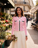 Pointelle Knit Cardigan with Contrast Trim, Bow & Flower Brooch