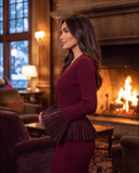 Burgundy Rib-Knit Peplum Cardigan & Pleated Maxi Skirt Set with Jewel Buttons
