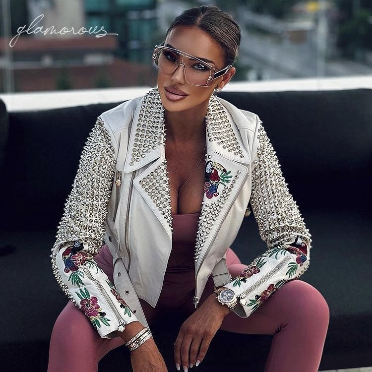 CHAQUETA BIKER BORDADA EN PIEL GENUINA EN BLANCO