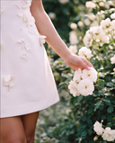 Ivory 3D Floral Appliqué Short-Sleeve Mini Dress with Crystal Drops