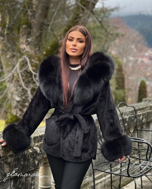 CHAQUETA DE ALCÁNTARA DE PELO DE ZORRO EN NEGRO