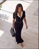Black Rib-Knit Belted Maxi Dress with Contrast Collar