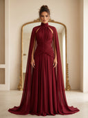 Burgundy Cape Evening Gown