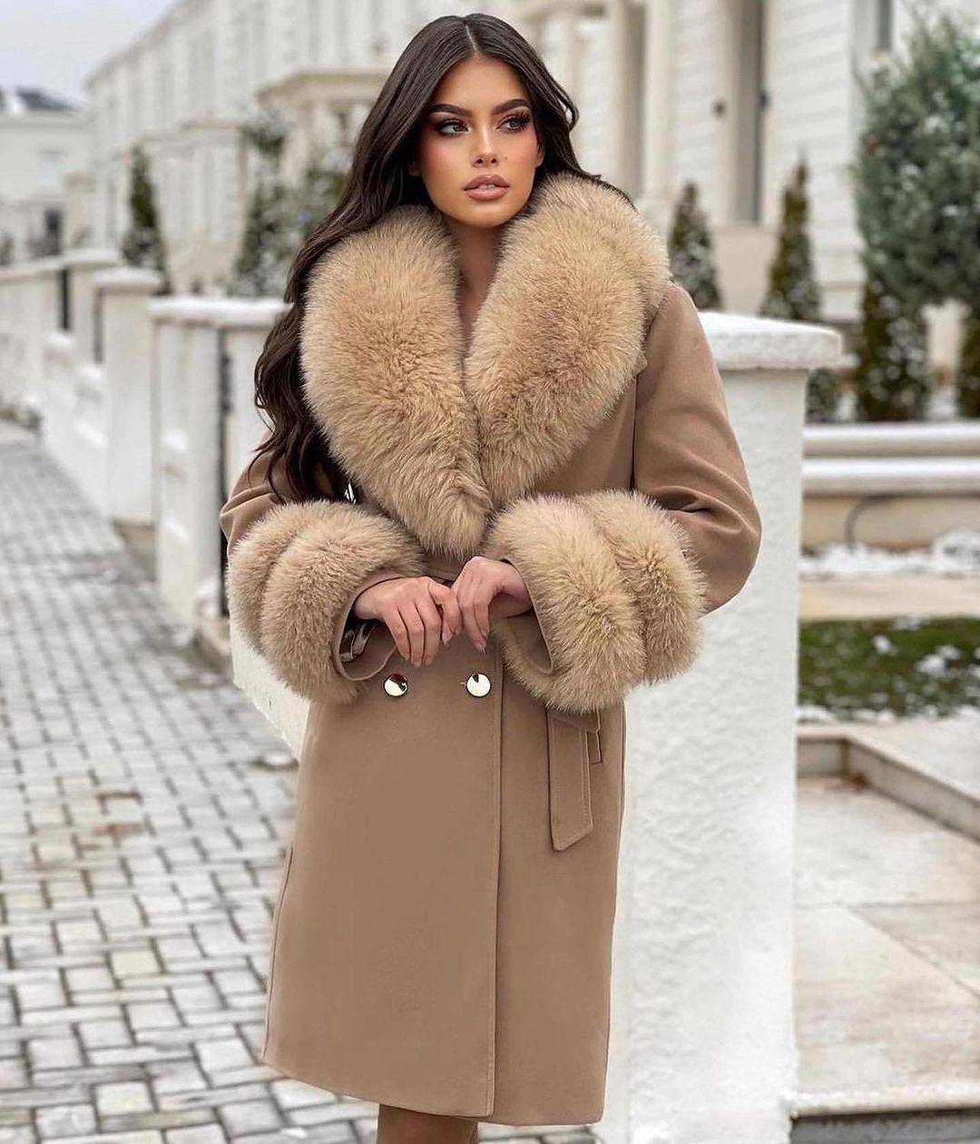 CAPPOTTO IN CASHMERE IN PELLICCIA DI VOLPE IN CAMMELLO