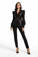 Vintage Puff Sleeve Sequin Double-Breasted Notched Blazer