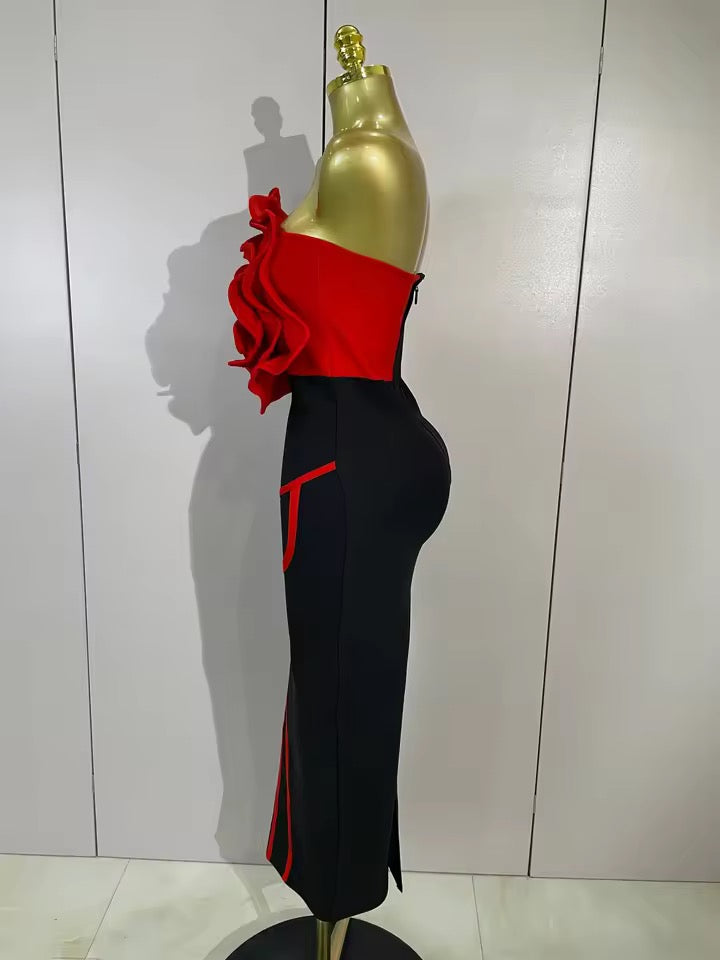 Crimson Bloom Strapless Midi Dress