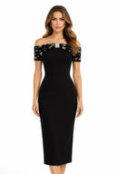 Elegant Slash Neck Beaded Split Knit Dress with Short Sleeves