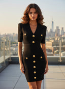 Classic Slim Fit V-Neck Short Sleeve Button Knit Mini Dress