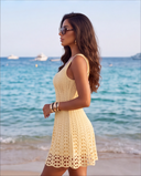 Butter Yellow Crochet-Knit Fit & Flare Mini Dress with Crystal Studs