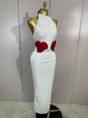 White Rose Detail Halter Midi Dress