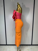 Orange & Pink 3D Rose Bandage Midi Dress