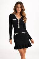 Two-Tone V-Neck Beaded Pocket Long Sleeve Slim Fit Fishtail Knit Dress