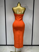 Orange Crystal Fringe Bandage Midi Dress
