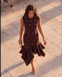 Chocolate Brown Knit Top & Ruffle Midi Skirt Set with Gold Crystal Rings