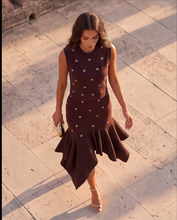 Chocolate Brown Knit Top & Ruffle Midi Skirt Set with Gold Crystal Rings