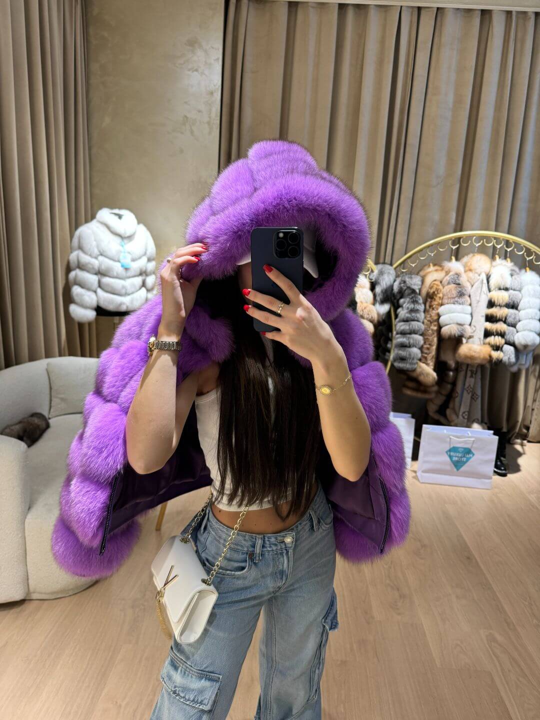 Rania Fox Fur Genuine Leather Jacket in purple