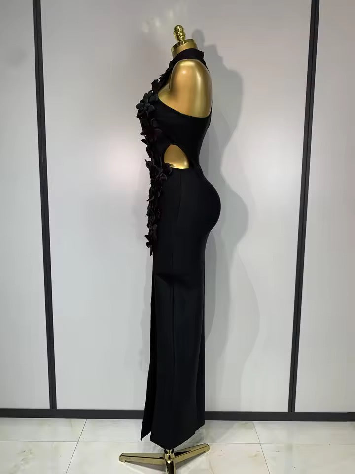 Floral Appliqué Halter Bandage Midi Dress