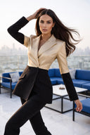Gold & Black PU Patchwork Double-Breasted Slim Fit Blazer
